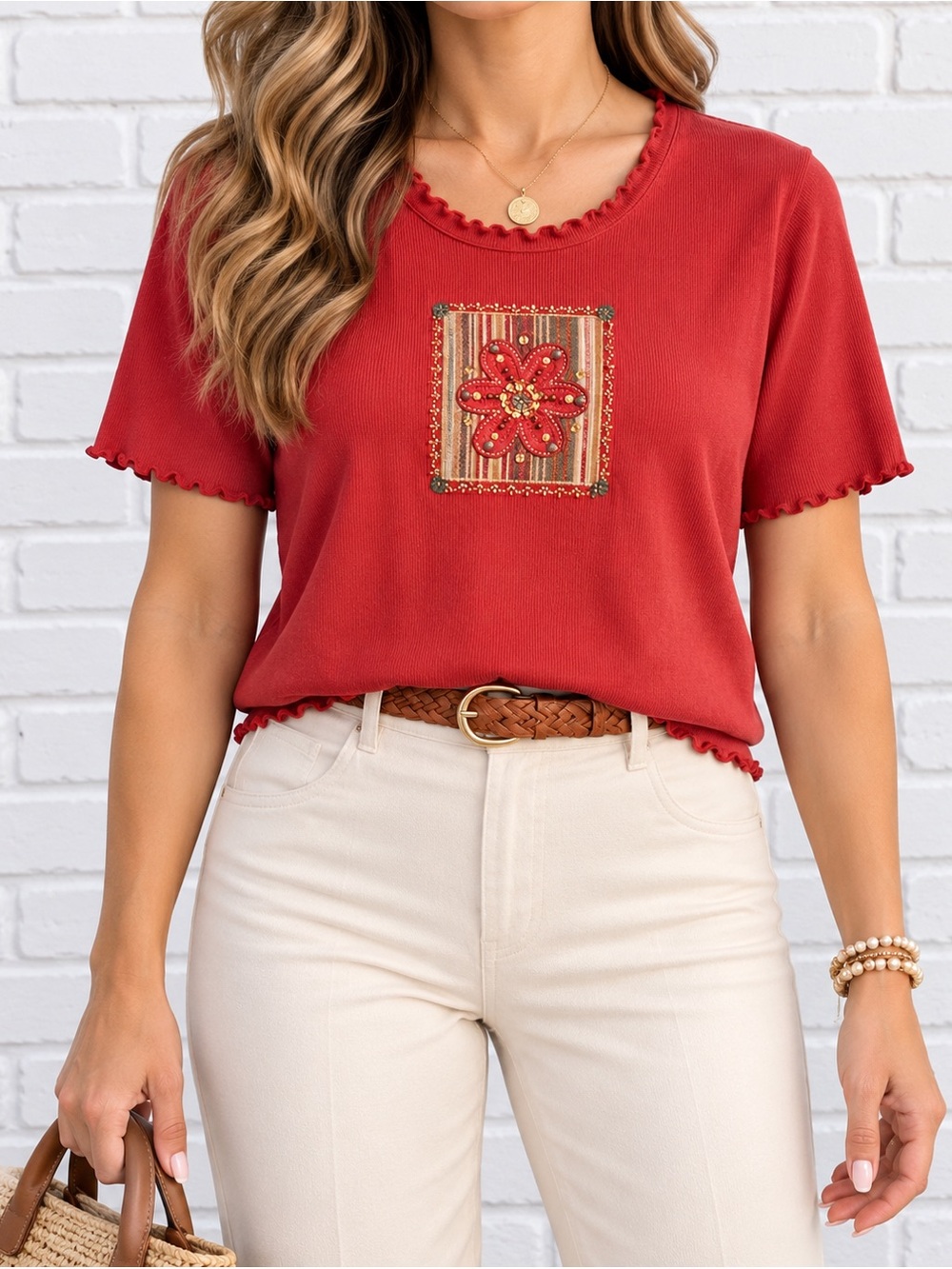 Vintage Y2K Alfred Dunner Cotton Blend Red Floral Beaded Top Petite M